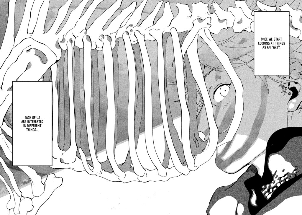 manga cap from blue period of a skeleton and the words: once we start looking at things as an art. each of us are interested in different things...