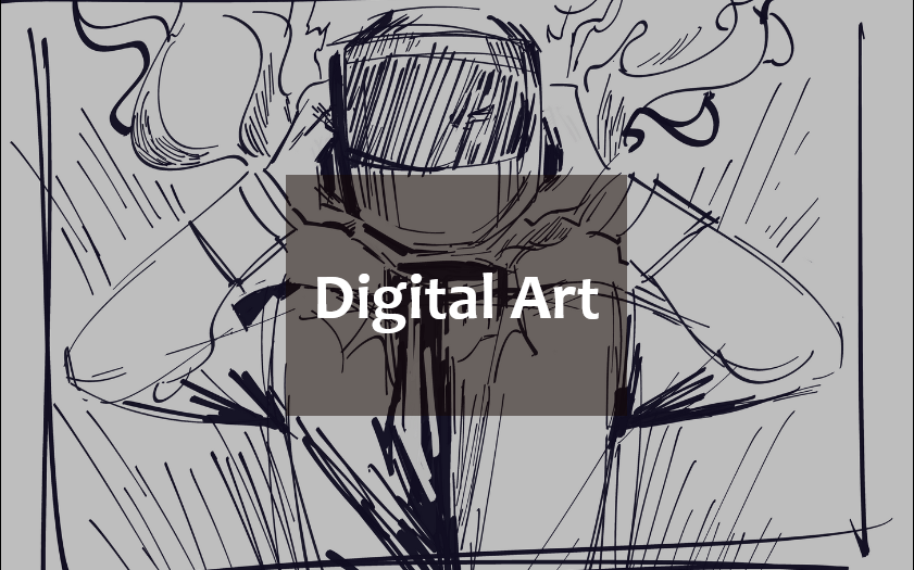a digital sketch of a person taking their head off which is in a helmet. the words digital art are overlaid. will link to the digital art section.